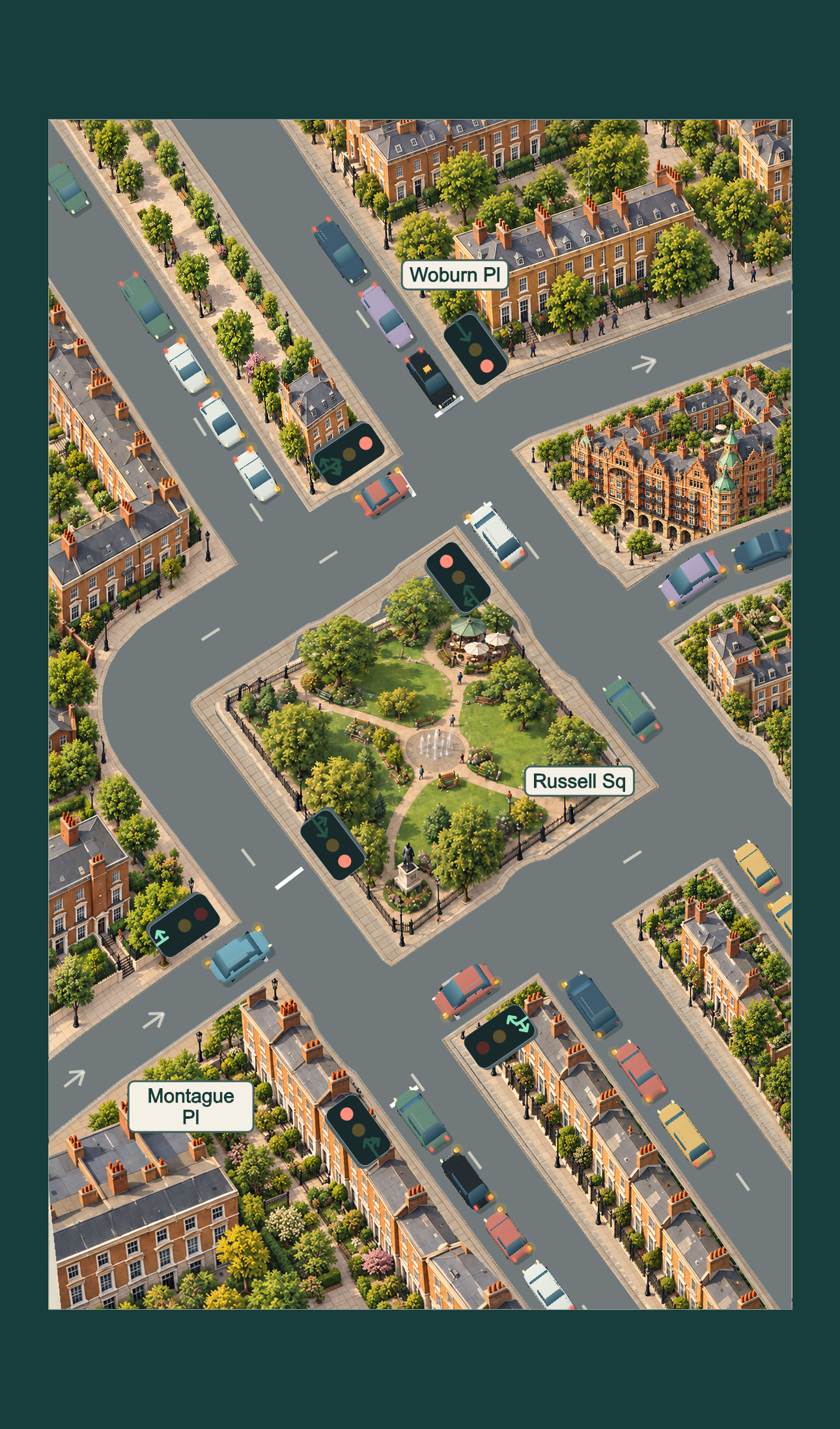 Russell Square’s existing game board artwork: garden paths and a fountain, detailed London terraces, the landmark hotel, road junctions, cars and traffic signals.